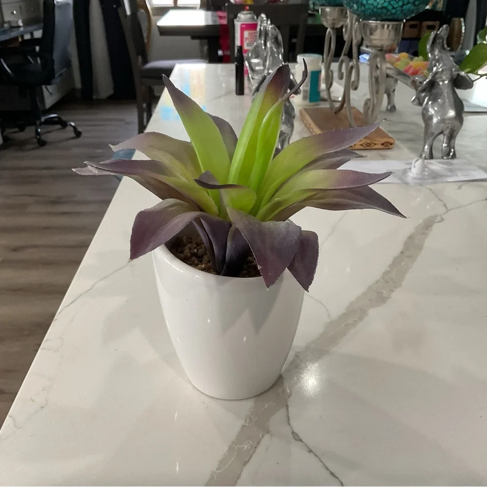 Elegant White Planter with Green and Purple Faux Succulent